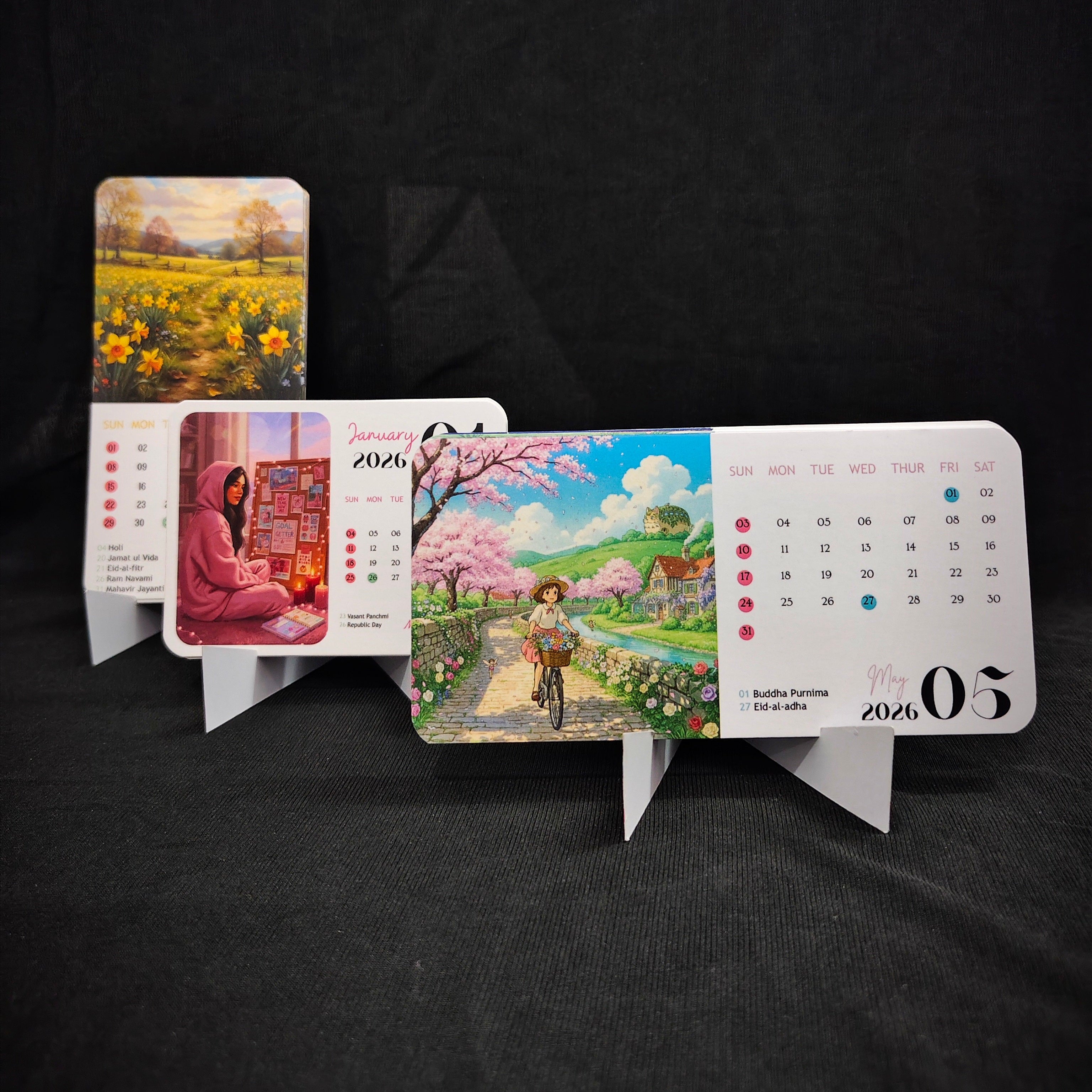 Small desk calendar with scenic illustrations on a dark background