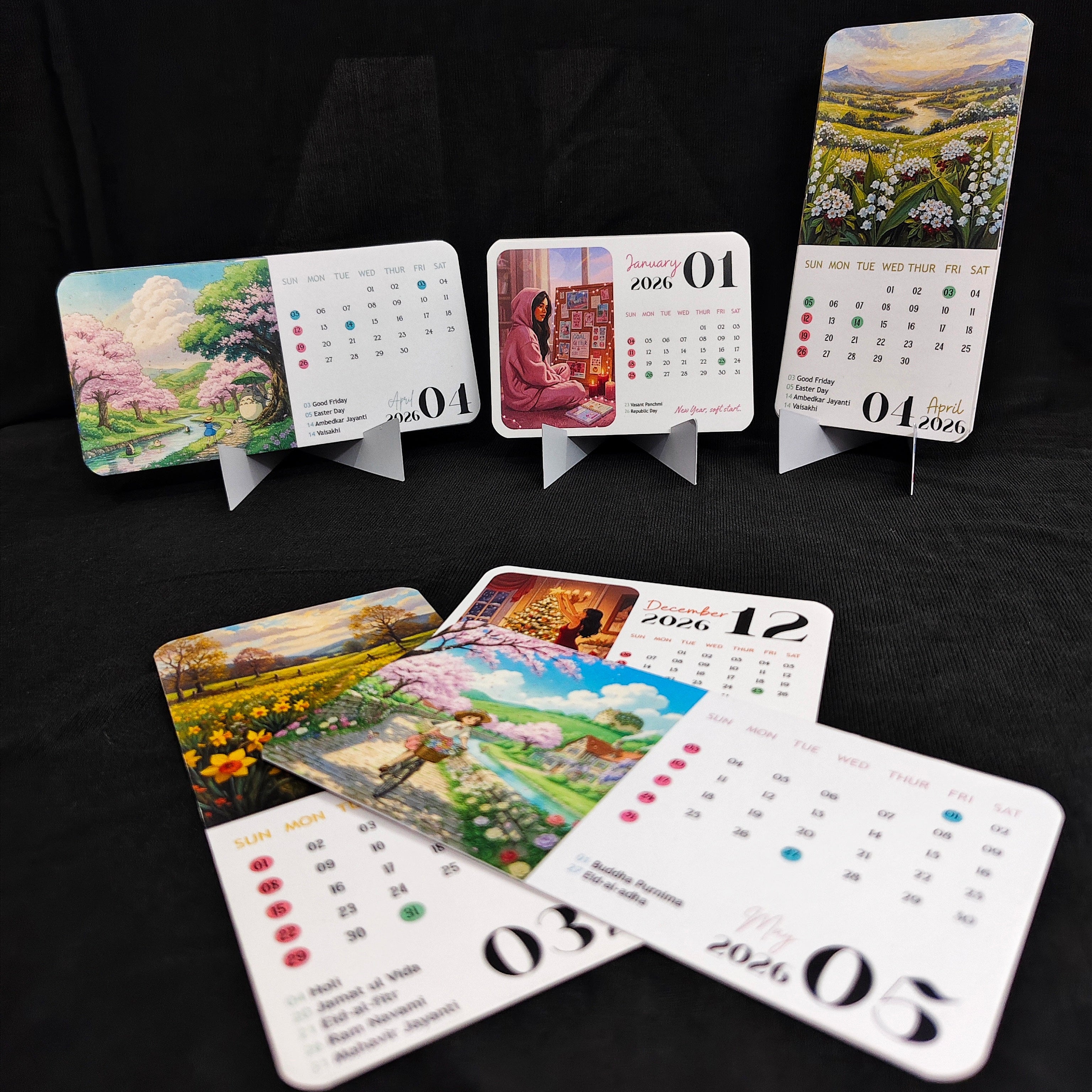 Collection of small calendars with scenic and indoor scenes on a black background
